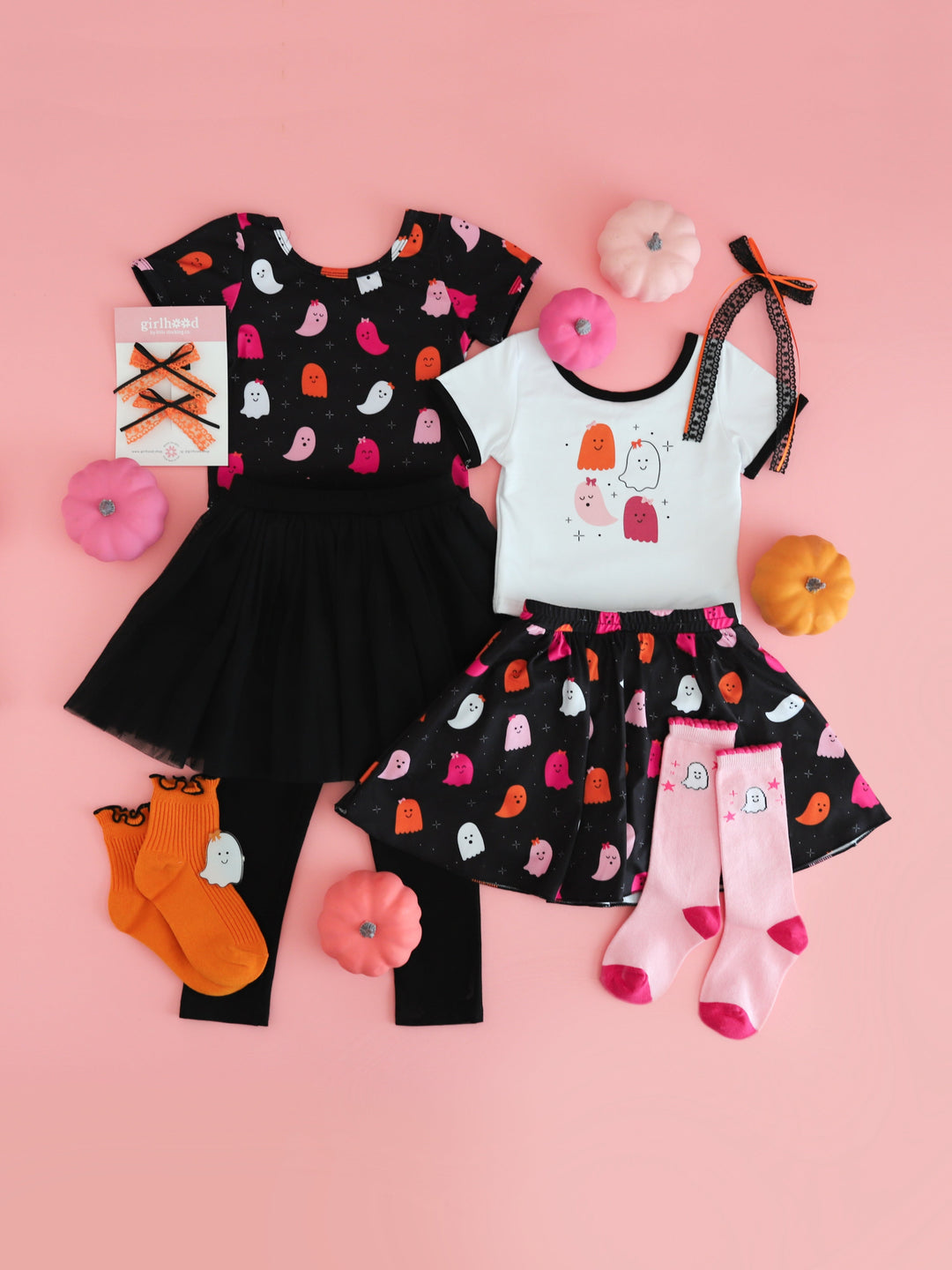 girls' Halloween mix and match separates for multicolor ghosts in bows print with matching socks and hair bows
