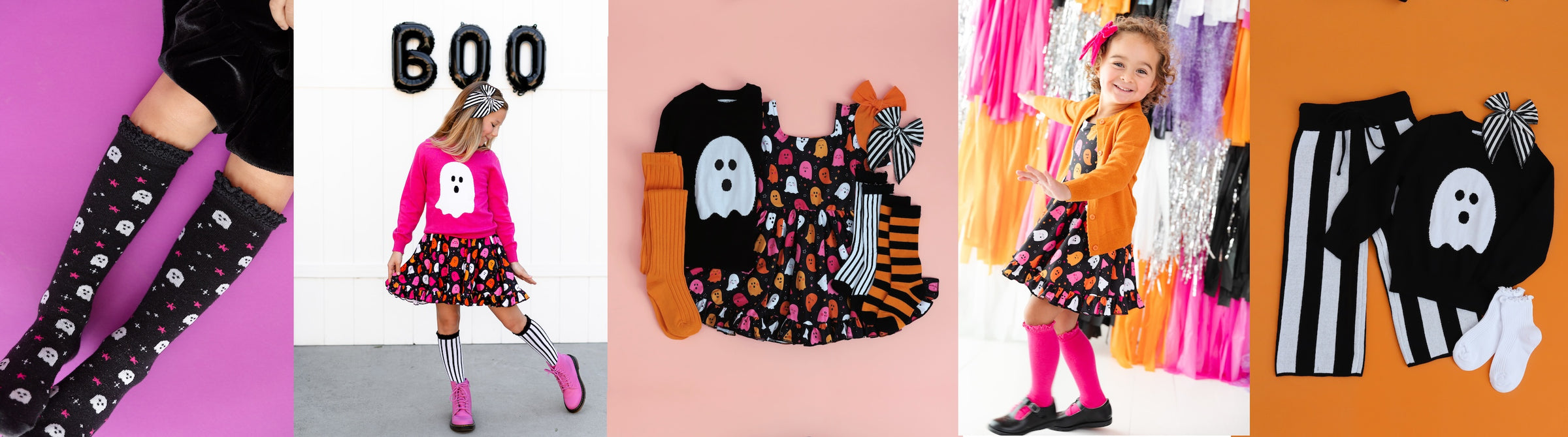 collage of girls halloween outfits with ghosts and pink and orange details