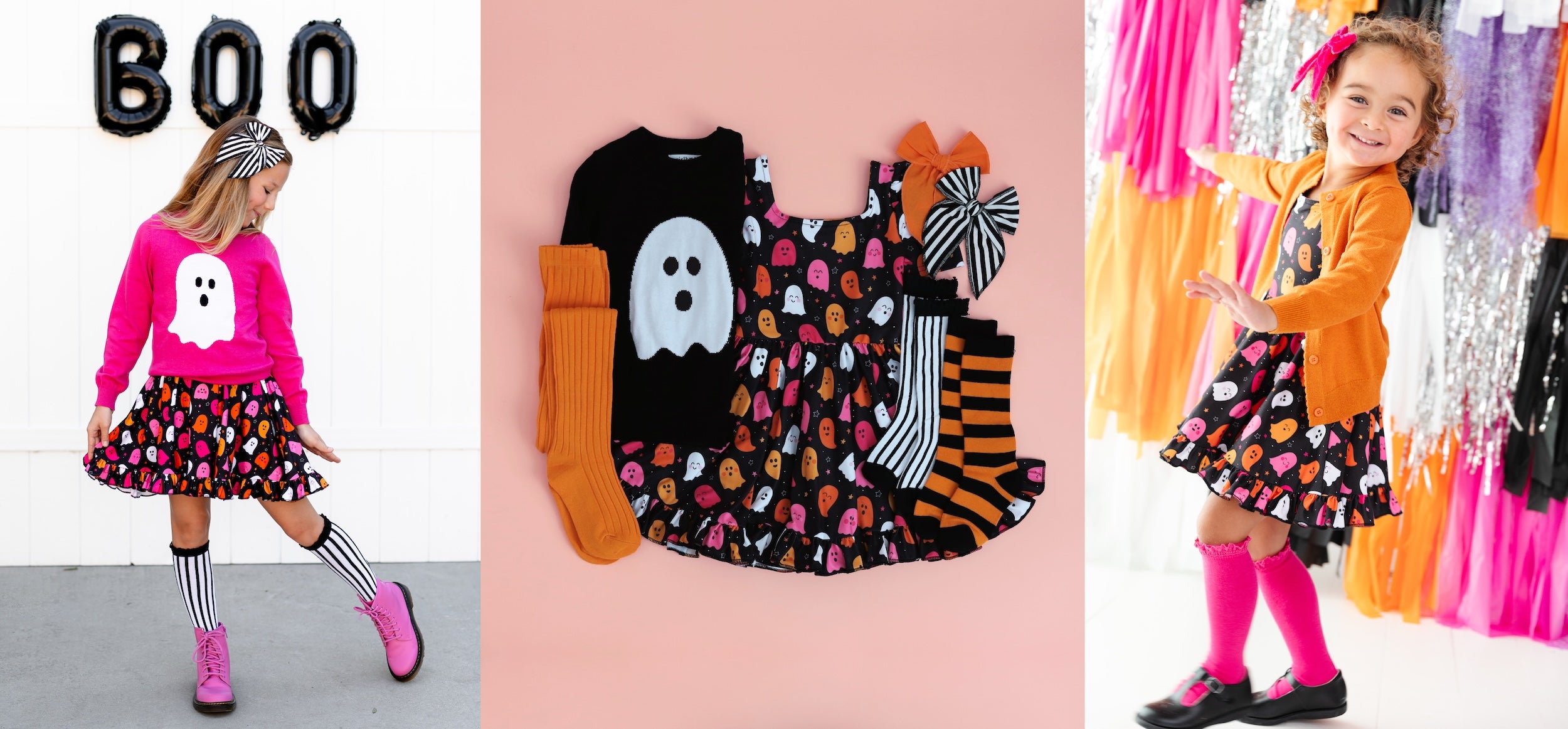 collage of girls halloween outfits with ghosts and pink and orange details