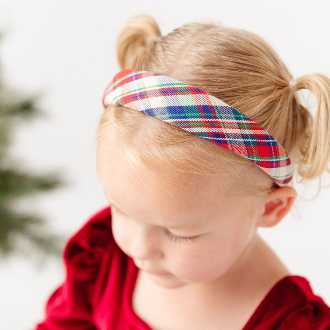 classic plaid padded headband on little girl in red Christmas dress