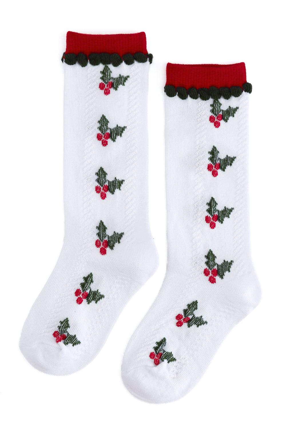 Girls' white knee socks with red and forest green trim and a holly berry print for Christmas