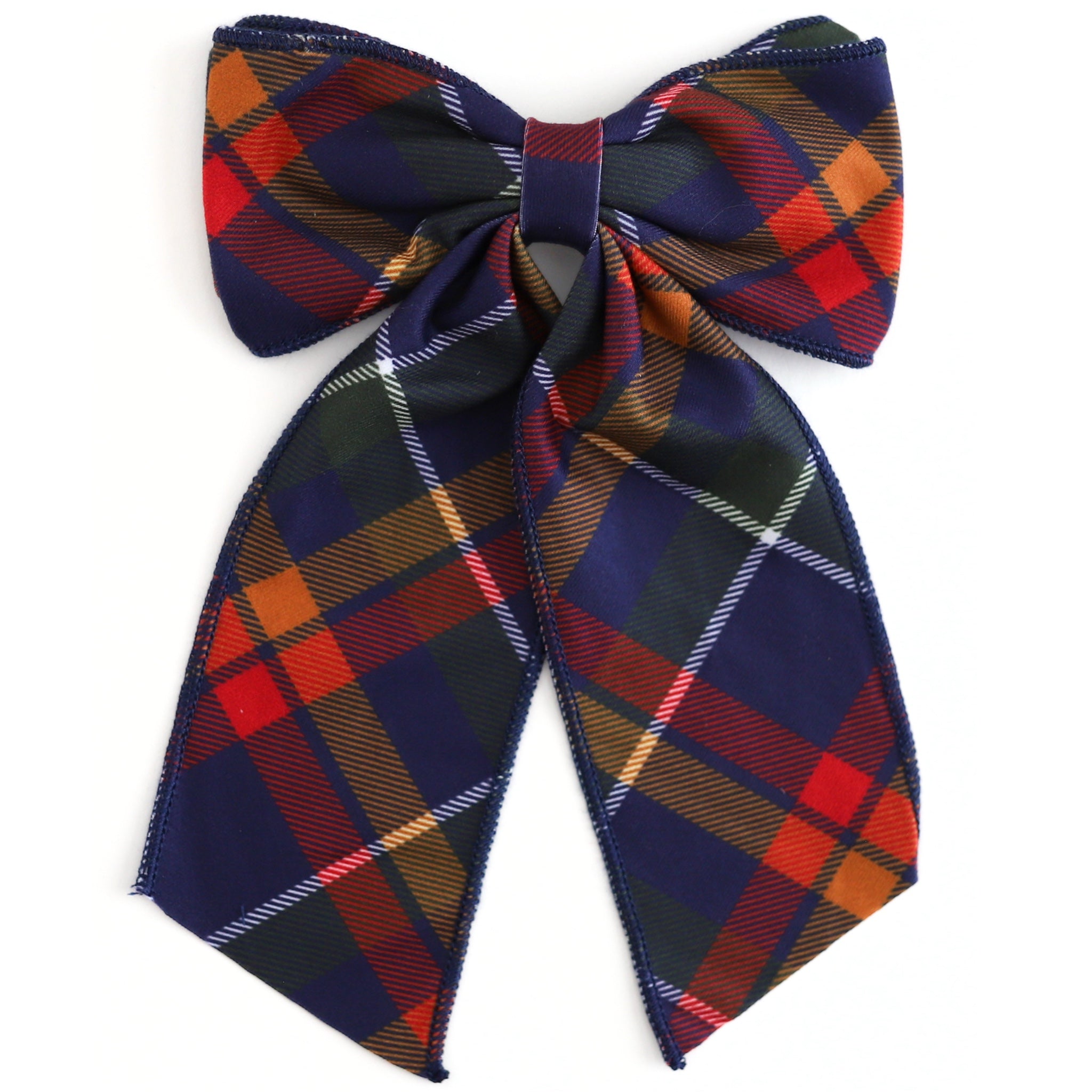 girls' oversized navy plaid double bow on clip to match back to school dress