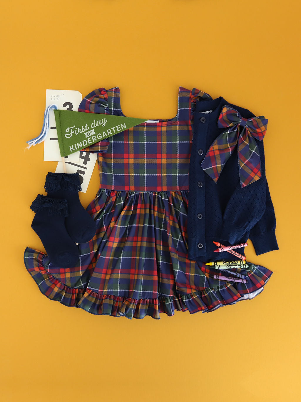 Girls matching back to school outfit navy plaid