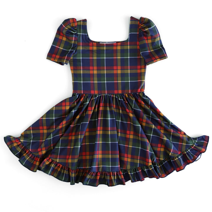 girls' navy blue plaid short sleeve twirl dress with square neckline for back to school
