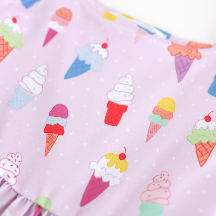 print detail photo for girl's summer twirl dress with multicolor ice cream cones and small white polkadots