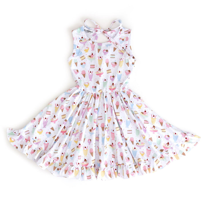 girls sleeveless twirl dress in white with pastel ice cream print