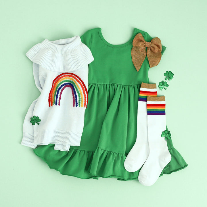 irish green cotton dress and rainbow embroidered sweater and rainbow socks