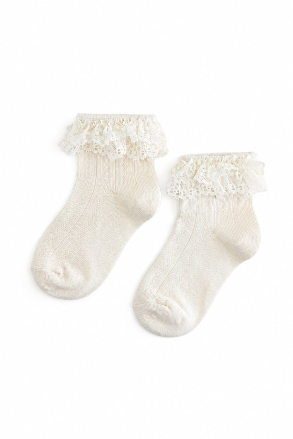 girls' ivory pointelle ankle socks with two layers of lace trim