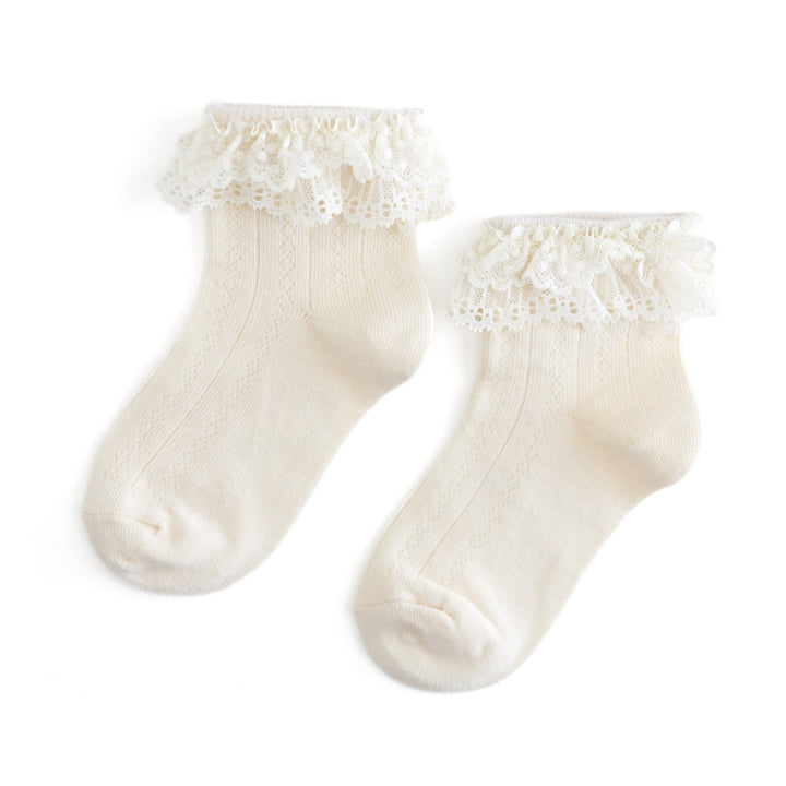 girls' ivory pointelle ankle socks with two layers of lace trim