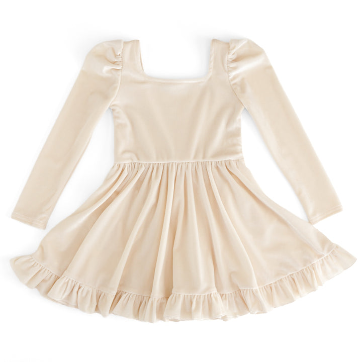 long-sleeve ivory velvet girls twirl dress with square neck photographed on a white clean background