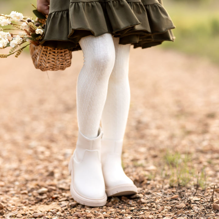 girls cable knit tights in light cream with olive green dress