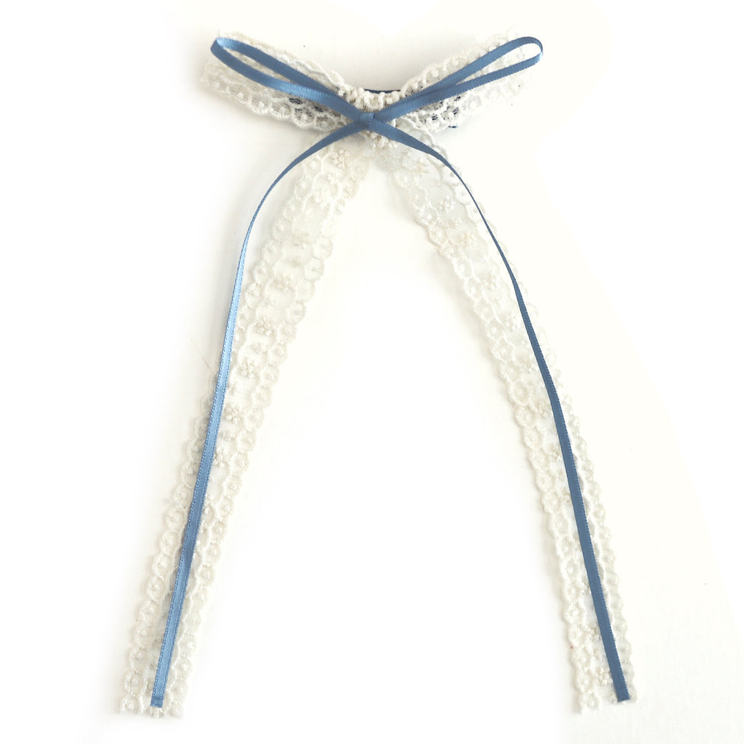 girls' ivory lace long tail bow with skinny blue ribbon overlay on clip for fall