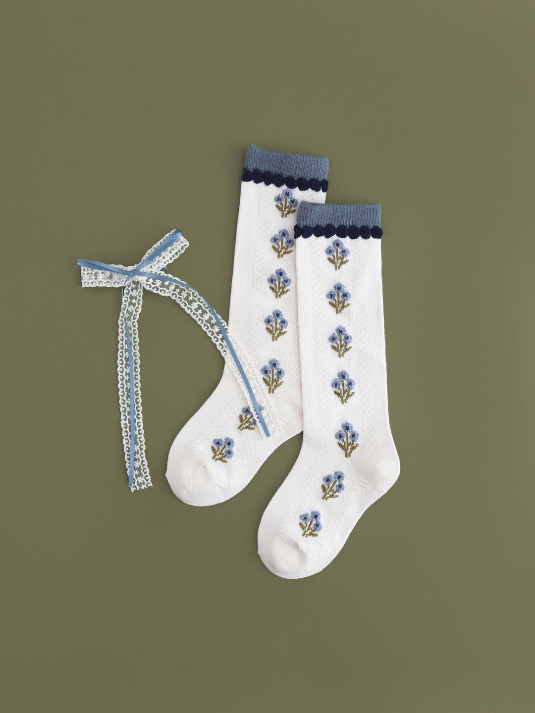 girls' ivory and denim floral knee high socks and lace bow paring to match fall outfits
