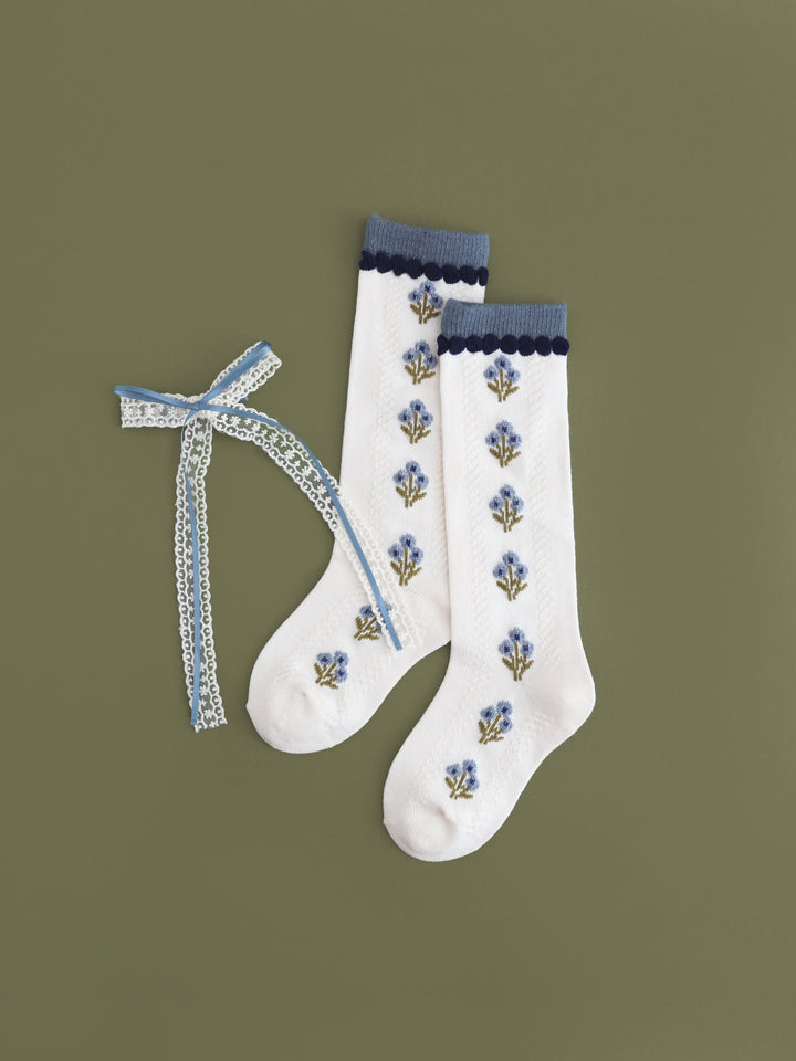 girls' ivory and denim floral knee high socks and lace bow paring to match fall outfits