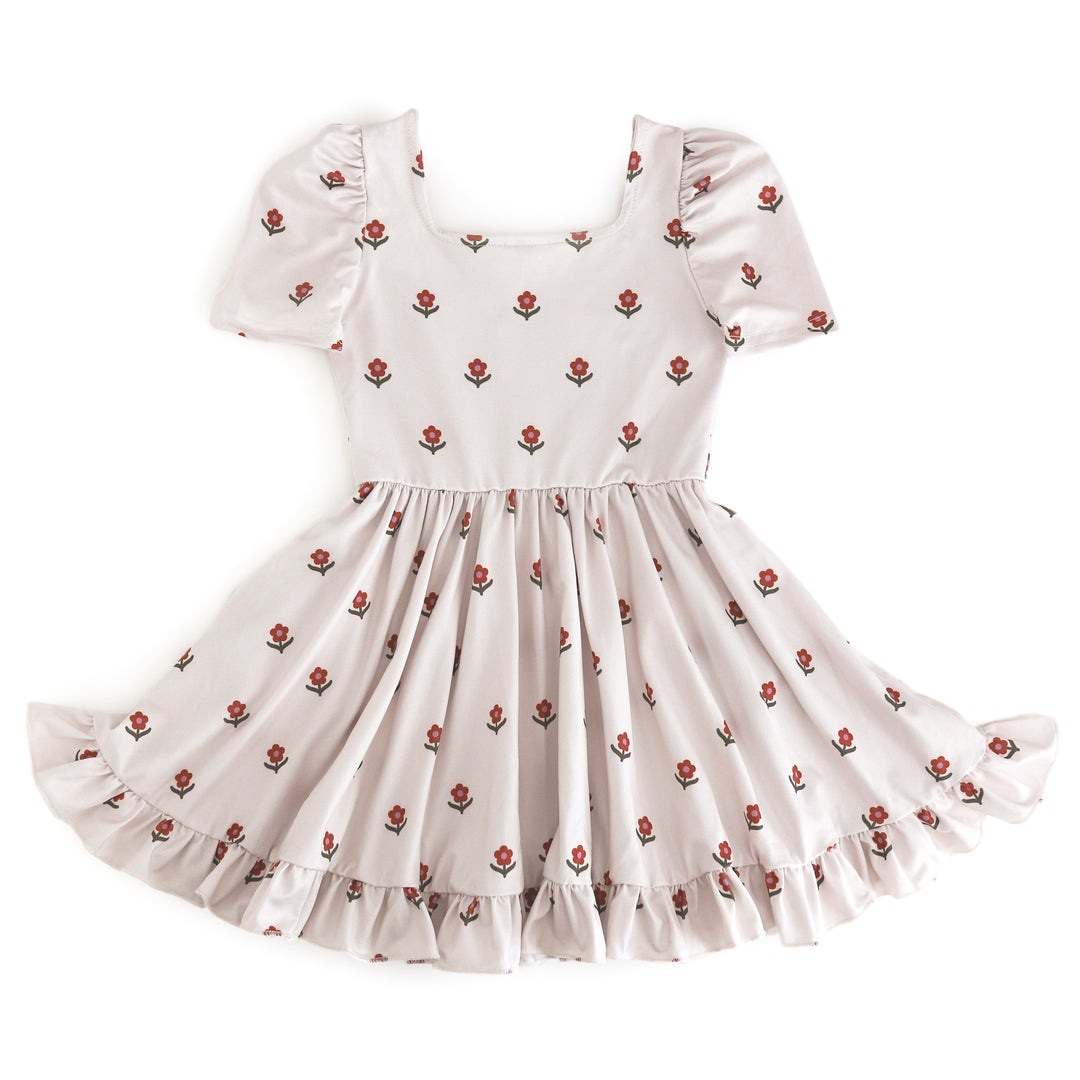 girls light cream square neck twirl dress with small rust floral design for fall