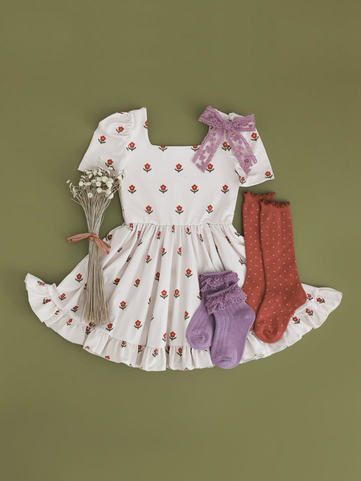girls ivory square neck fall twirl dress with petite rust flowers with amethyst centers paired with coordinating socks and amethyst lace bow
