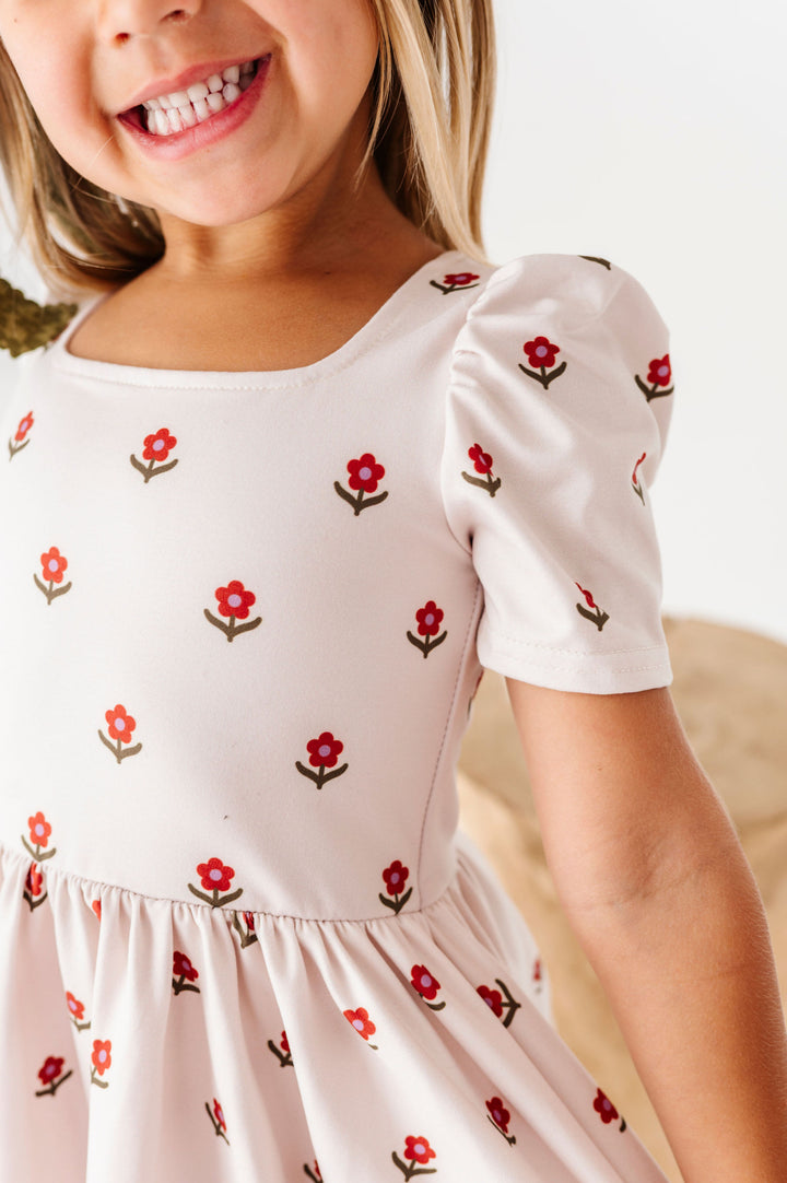 up close detail of ivory flower print dress