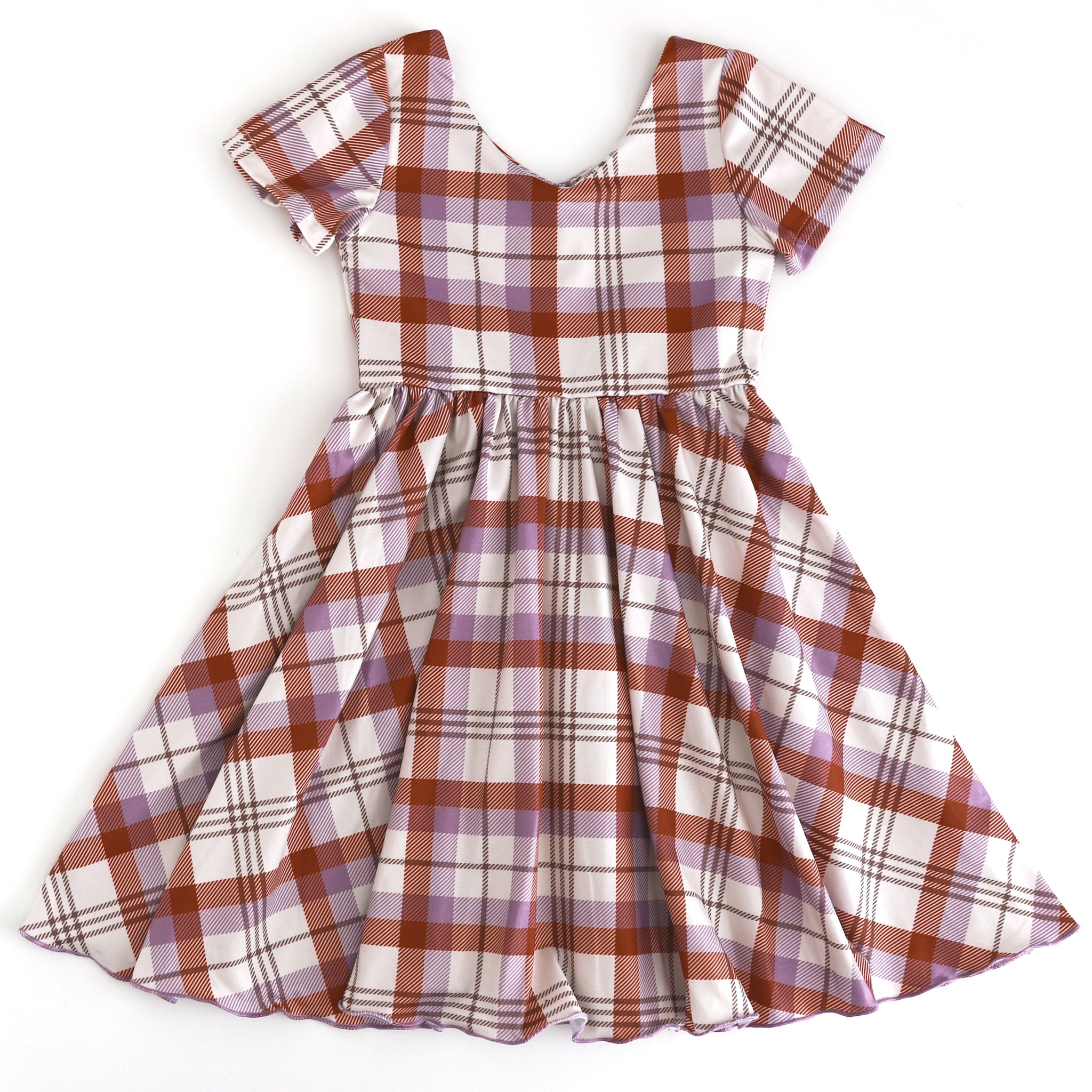 girls' v-neck short sleeve twirl dress in ivory with rust and purple plaid design