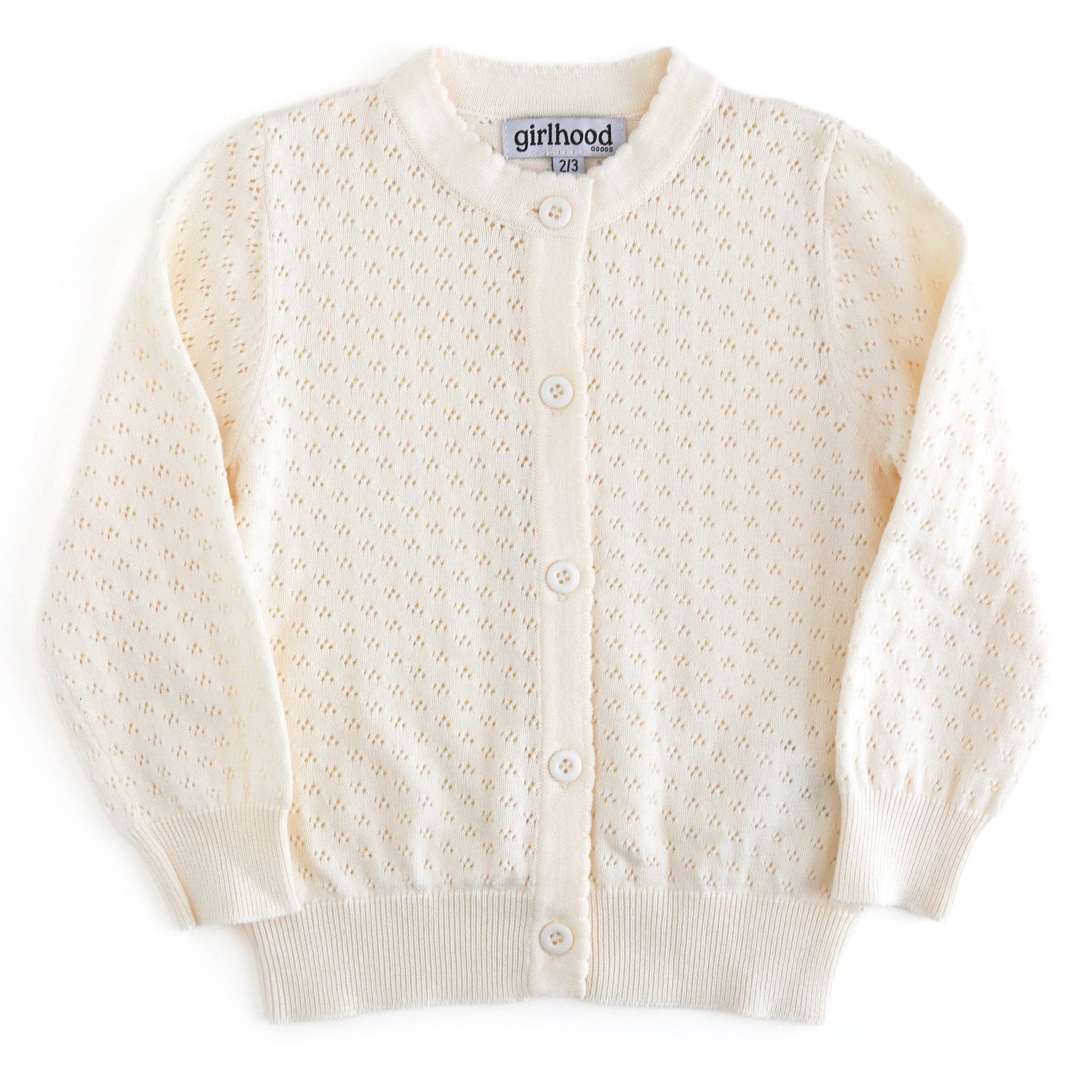 girls' ivory pointelle knit cardigan with scalloped trim and button front for school