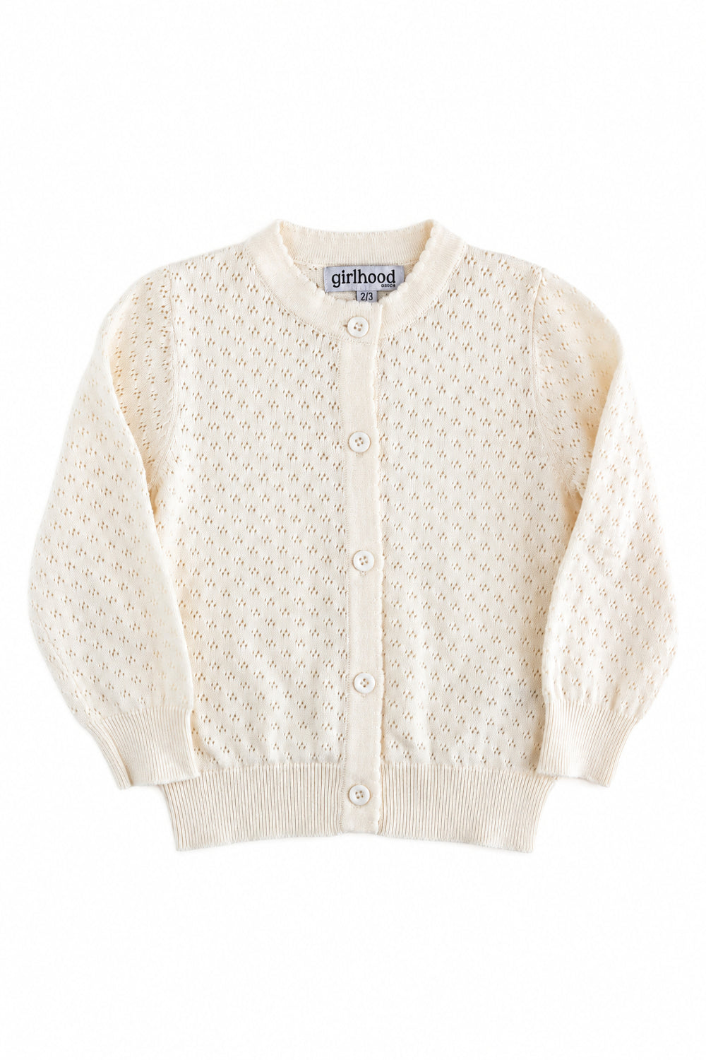 girls' ivory pointelle knit cardigan with scalloped trim and button front for school