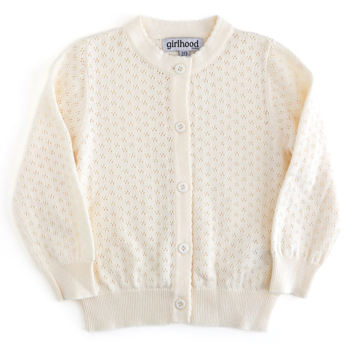 girls' ivory pointelle knit cardigan with scalloped trim and button front for school
