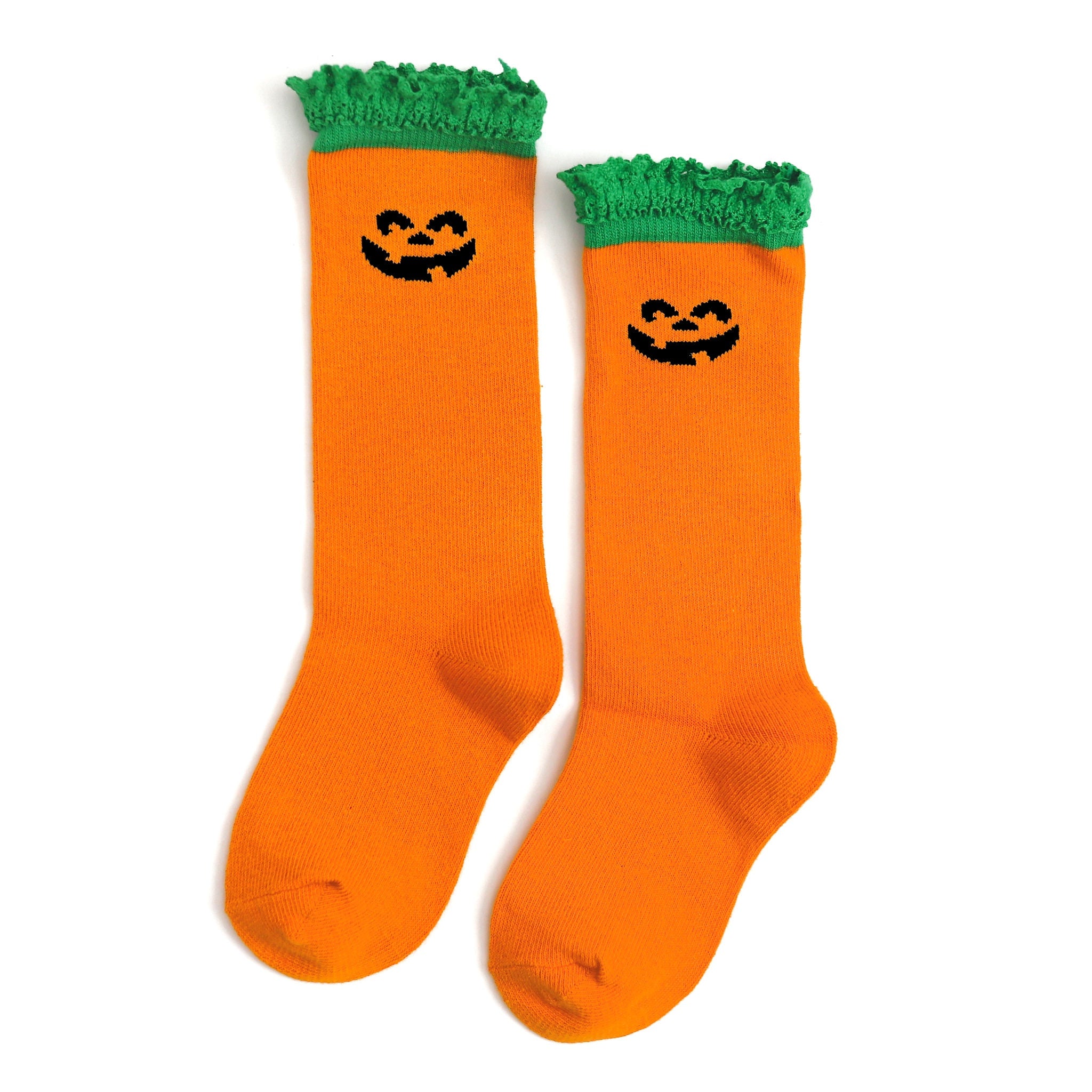 pumpkin inspiried jack o lantern knee high socks for babies, toddlers and girls