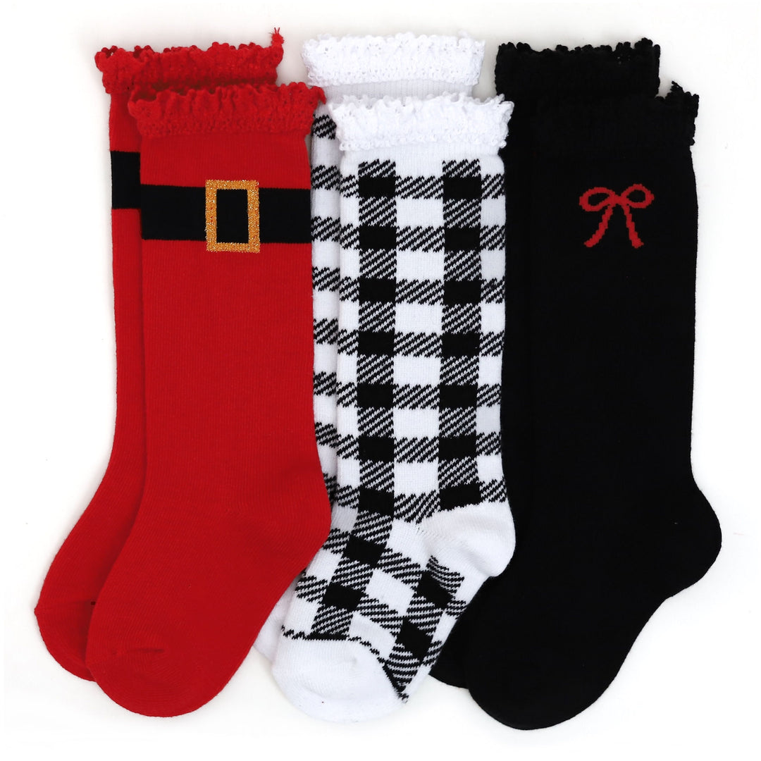 jolly st. nick knee high sock set for babies, toddlers and girls. perfect santa vibe socks
