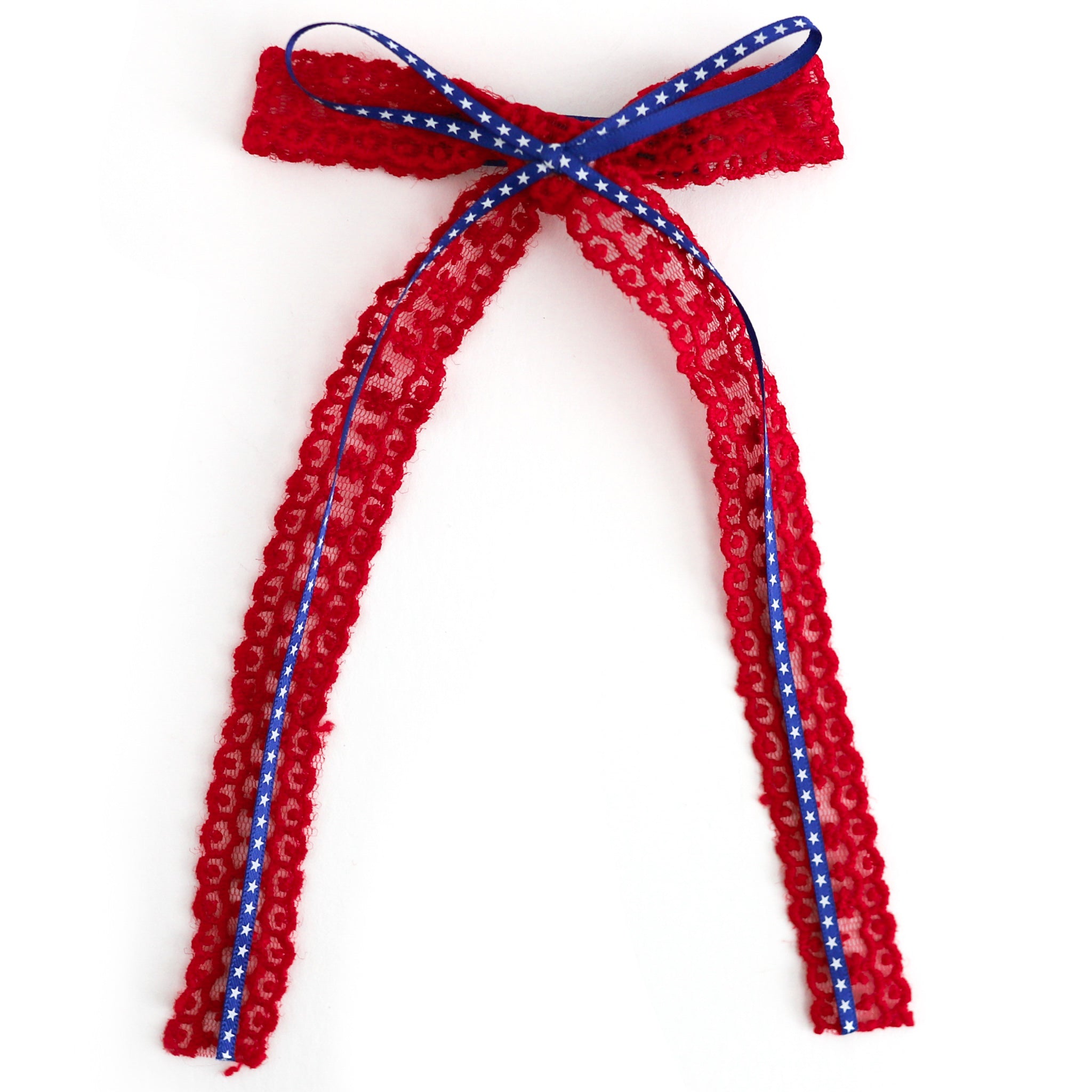 girls' long tail red lace ribbon hair bow and attached skinny blue ribbon with white stars for 4th of July