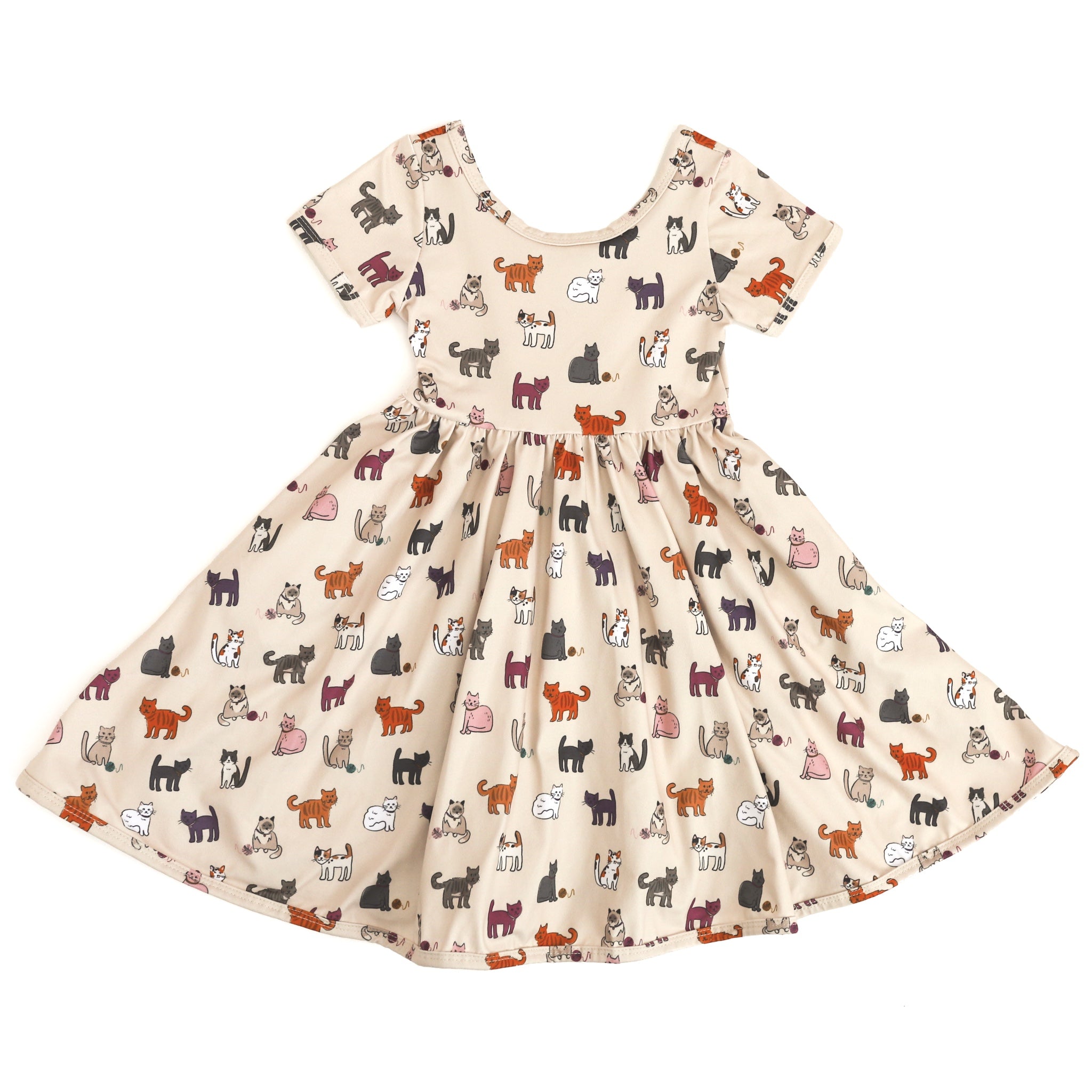 girls' twirl dress in cream with cat print in neutral fall shades