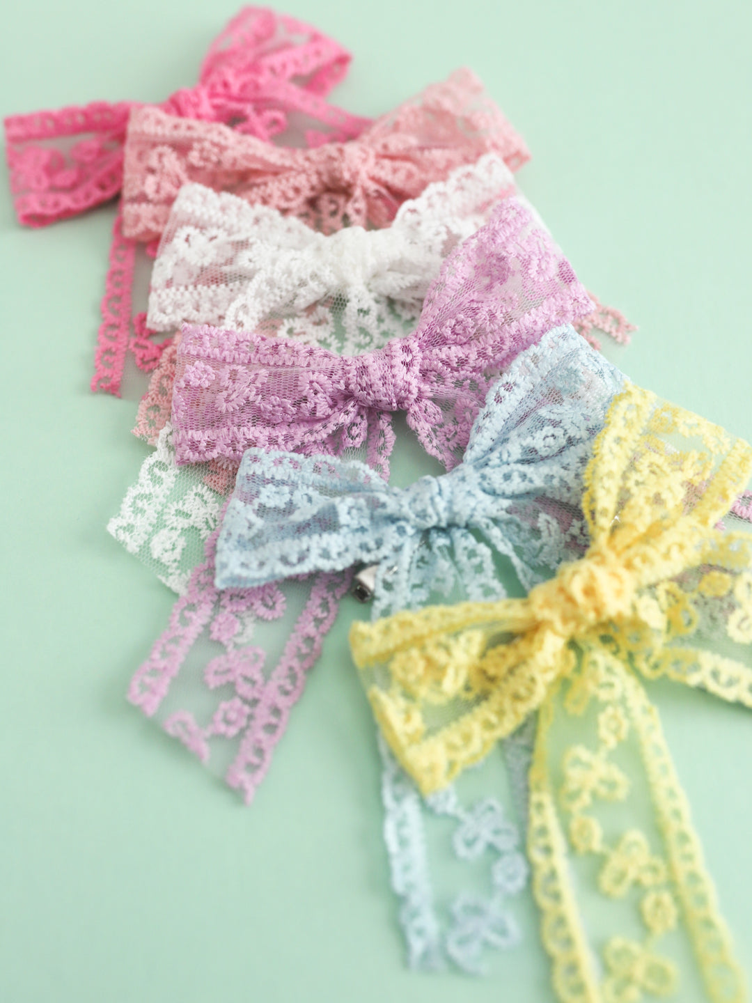 girls' lace hand tied hair bows on alligator clips in six spring shades