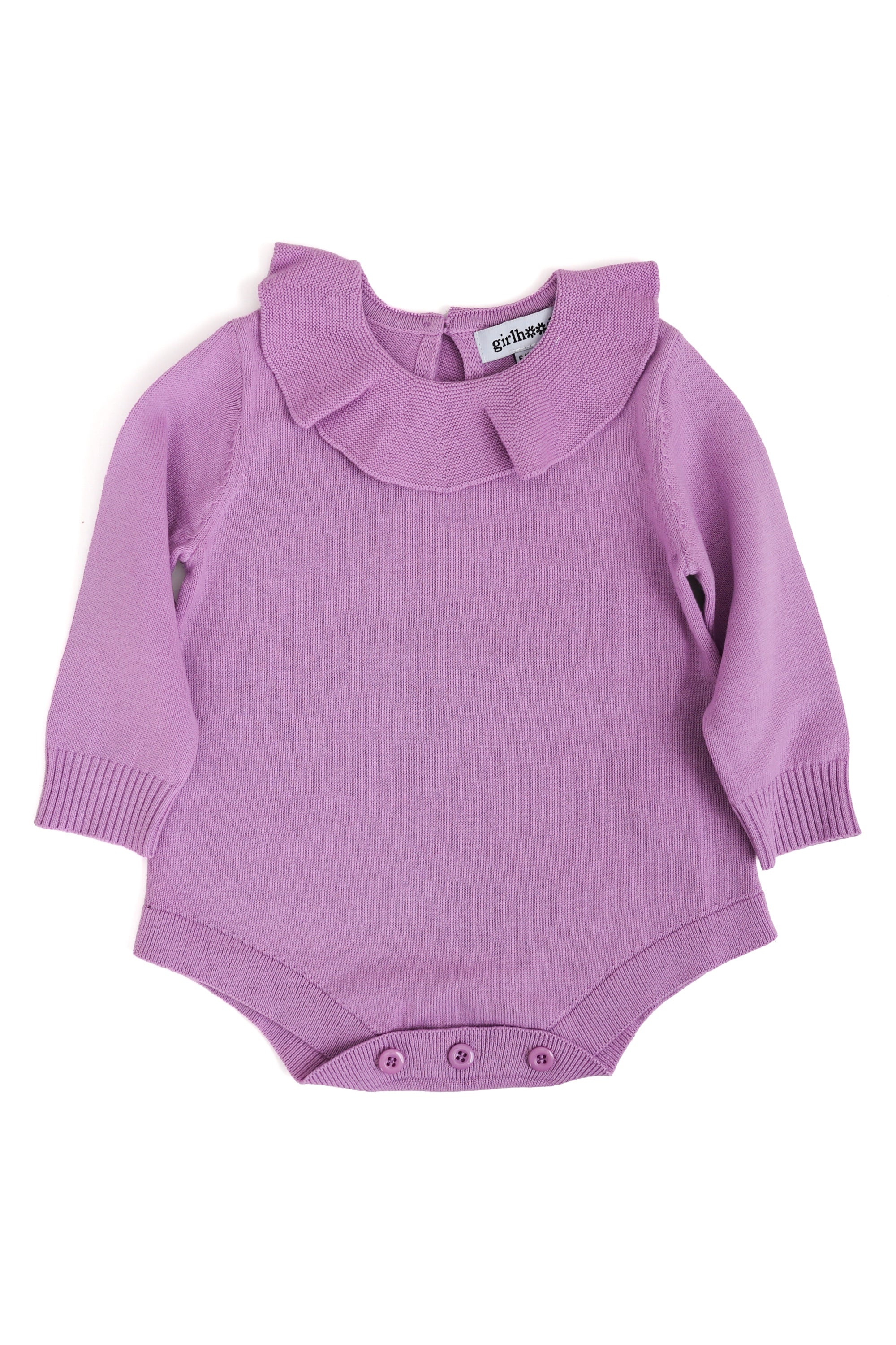 lavender purple baby sweater romper with ruffle collar