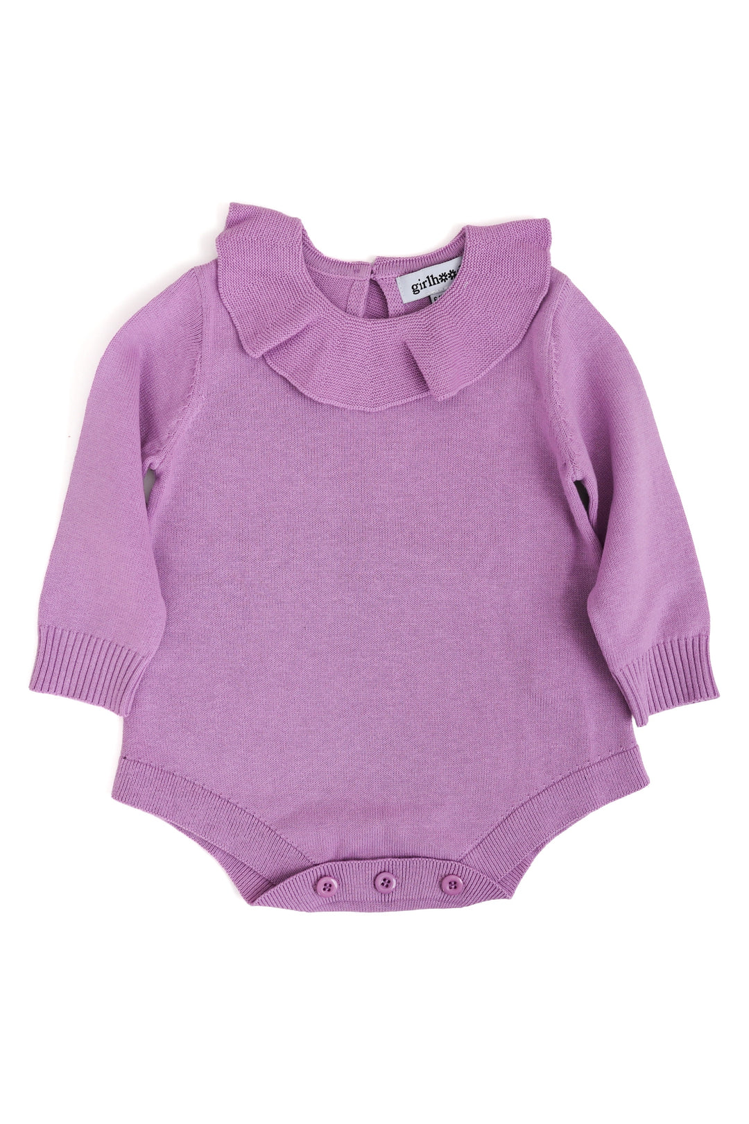 lavender purple baby sweater romper with ruffle collar