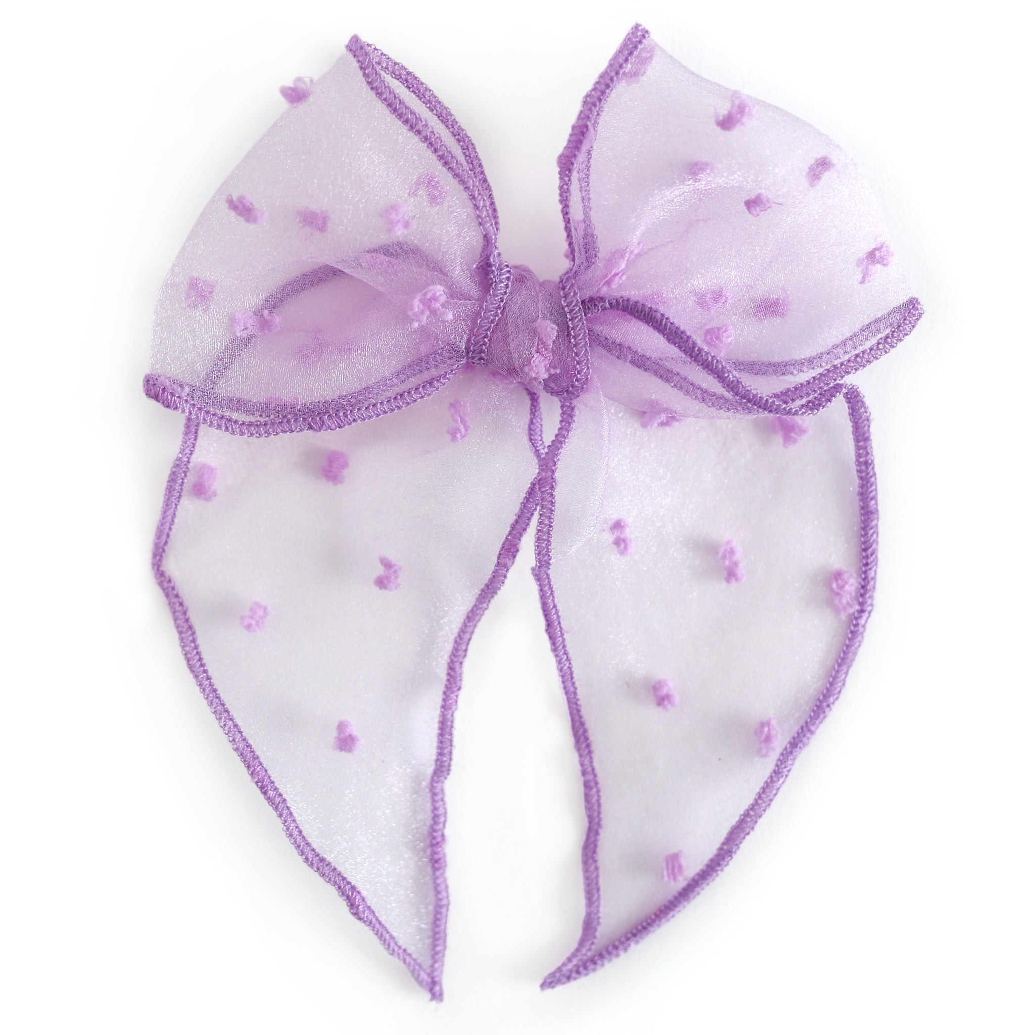girls sheer lavender purple hair bow with fuzzy purple dots on it and matching purple trim on silver alligator clip