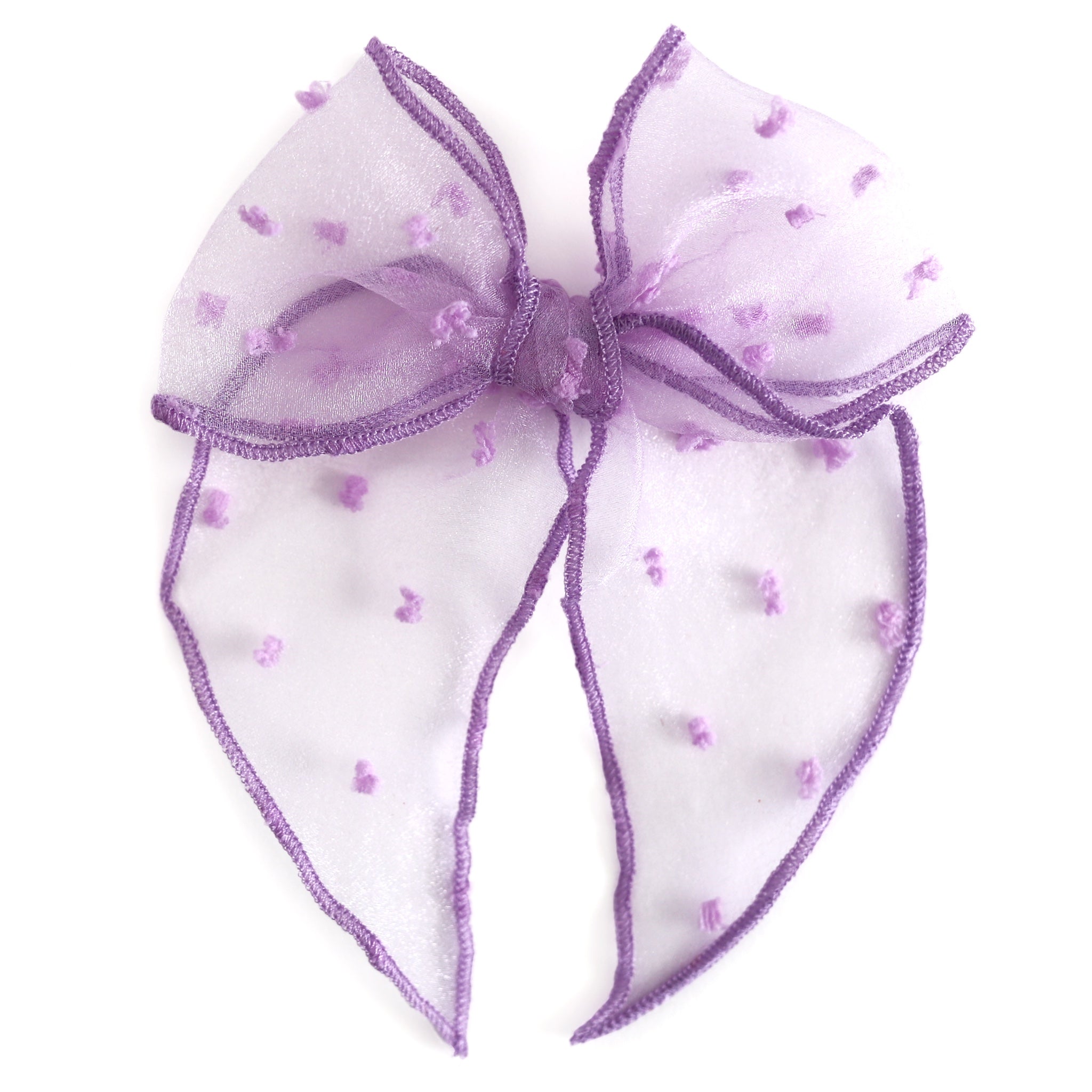 girls sheer lavender purple hair bow with fuzzy purple dots on it and matching purple trim on silver alligator clip