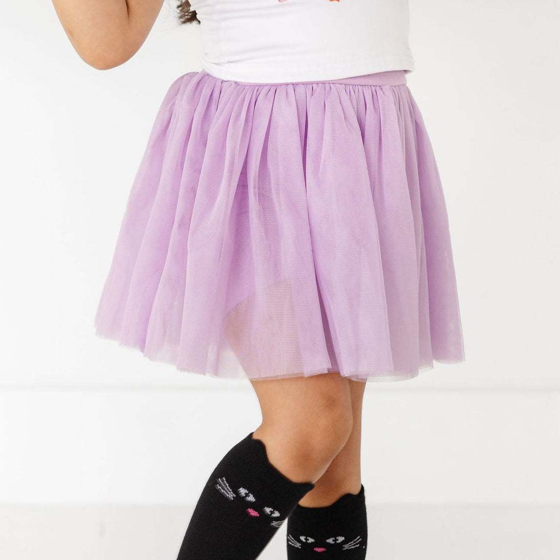 girls lavender tutu skort with black cat knee high socks