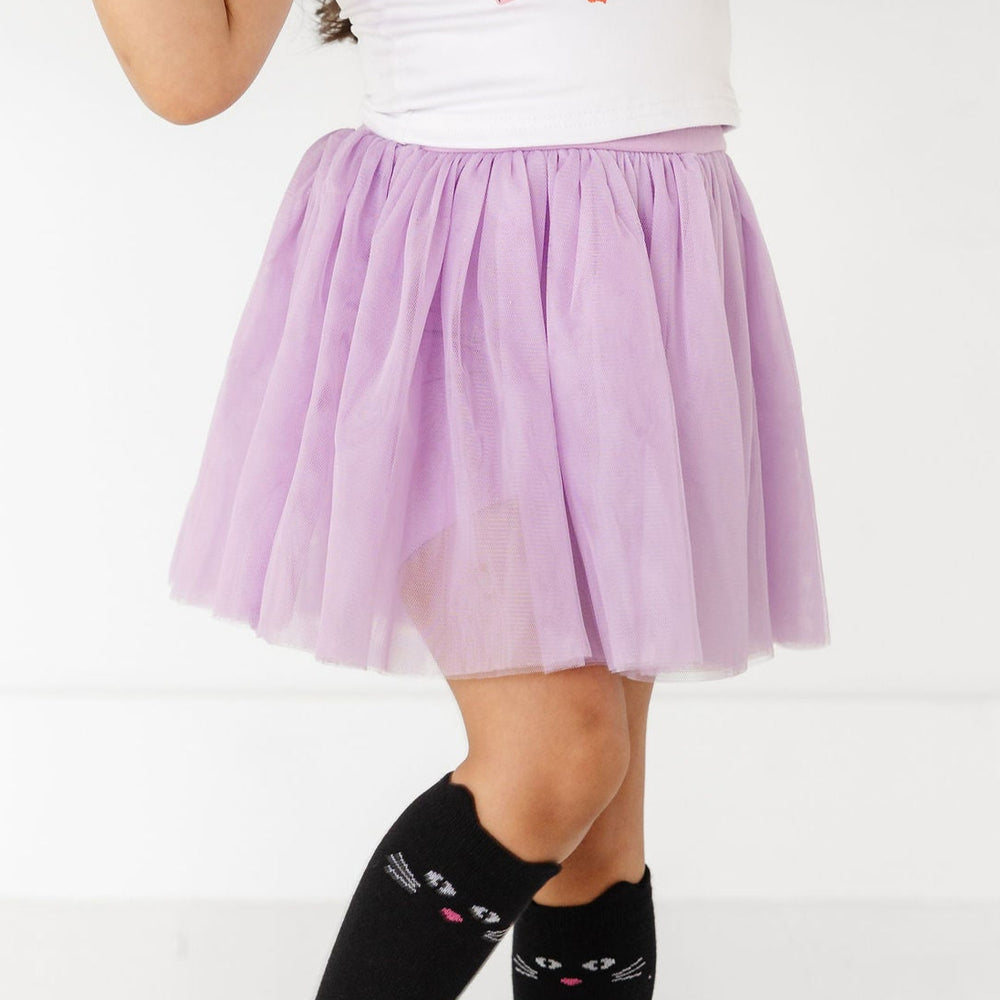 girls lavender tutu skort with black cat knee high socks
