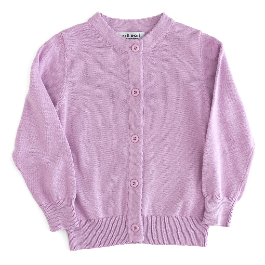girls' light purple cotton knit cardigan with button front and scalloped trim