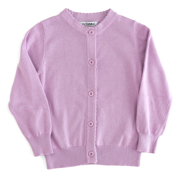 girls' light purple cotton knit cardigan with button front and scalloped trim