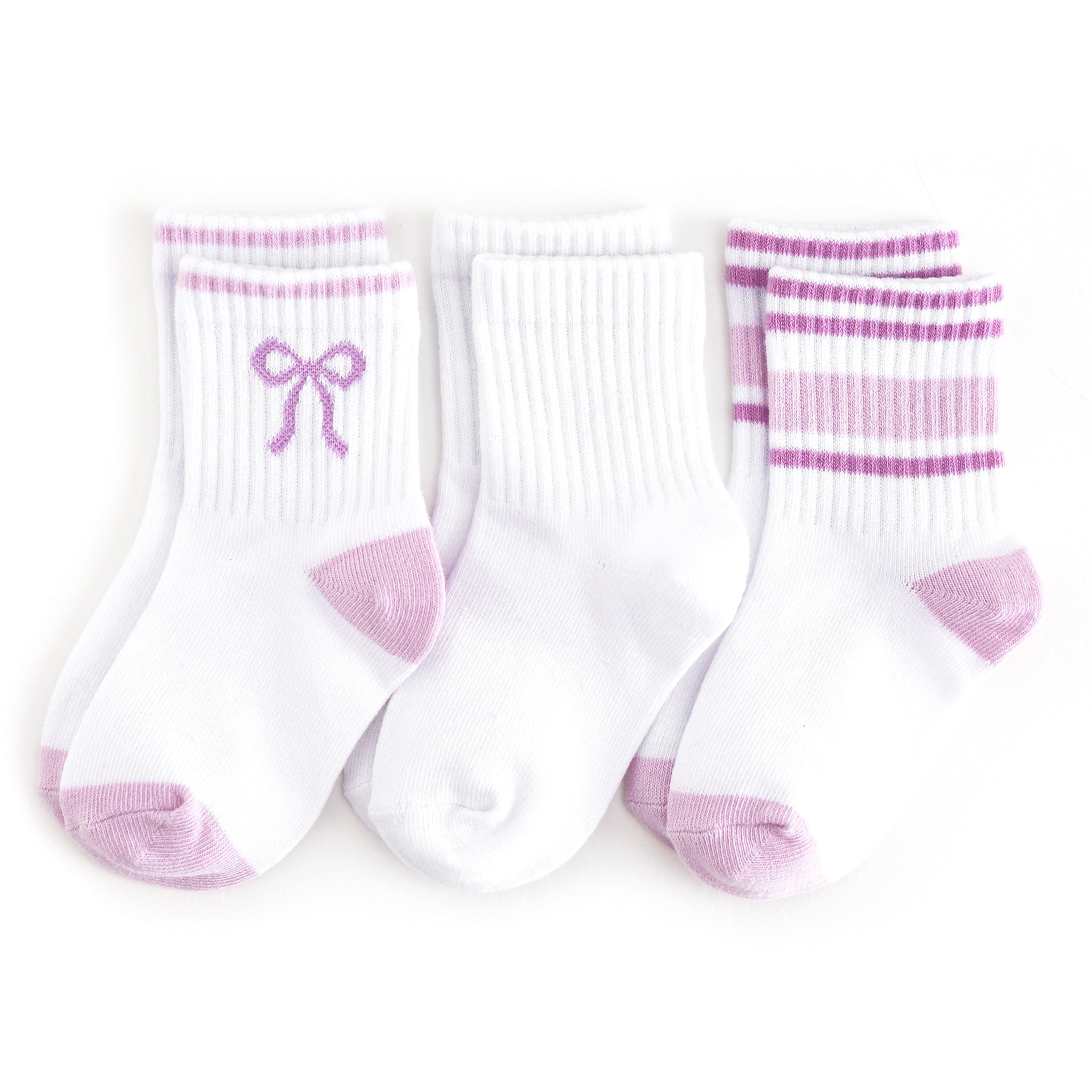 three pack of girls' white crew socks with lavender bow, solid white and lavender stripe designs