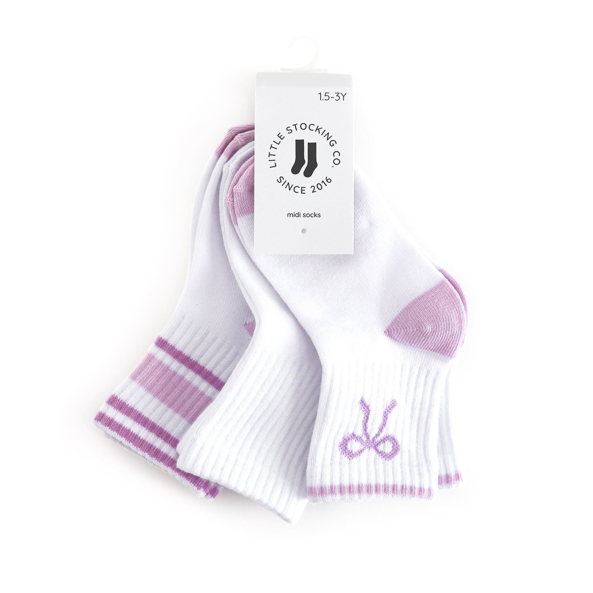tagged three pack of girl's white crew socks with lavender designs