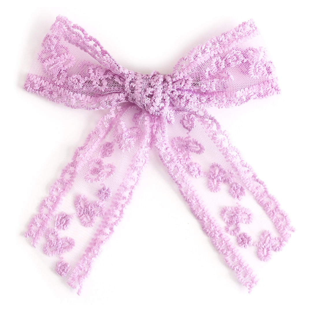 girls' lavender lace bow on alligator clip for spring and Easter