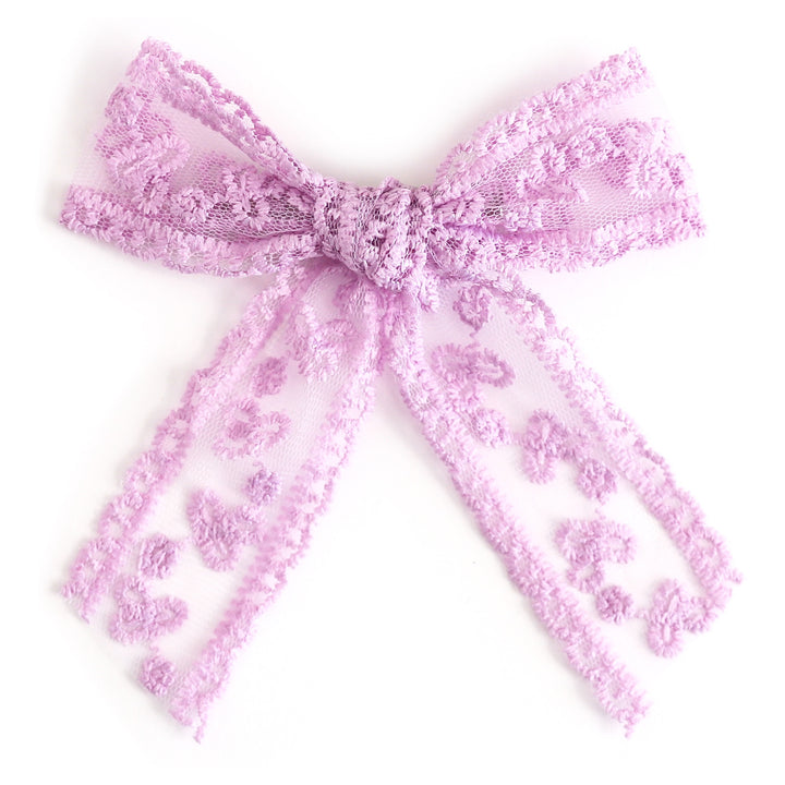girls' lavender lace bow on alligator clip for spring and Easter