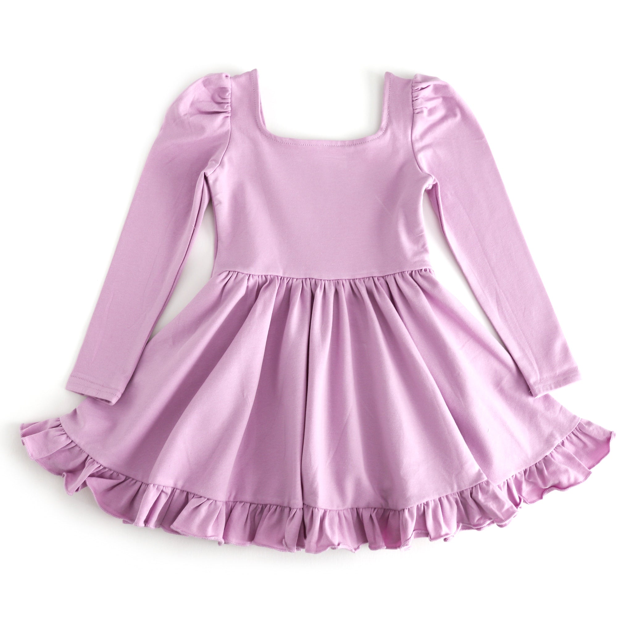 girls lavender long sleeve cotton blend twirl dress with square neckline, long sleeves and ruffle hem