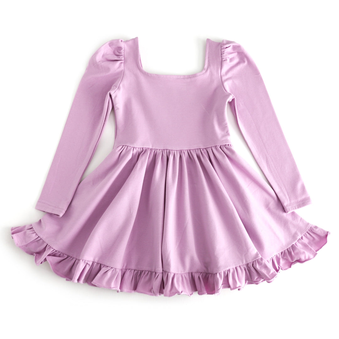 girls lavender long sleeve cotton blend twirl dress with square neckline, long sleeves and ruffle hem