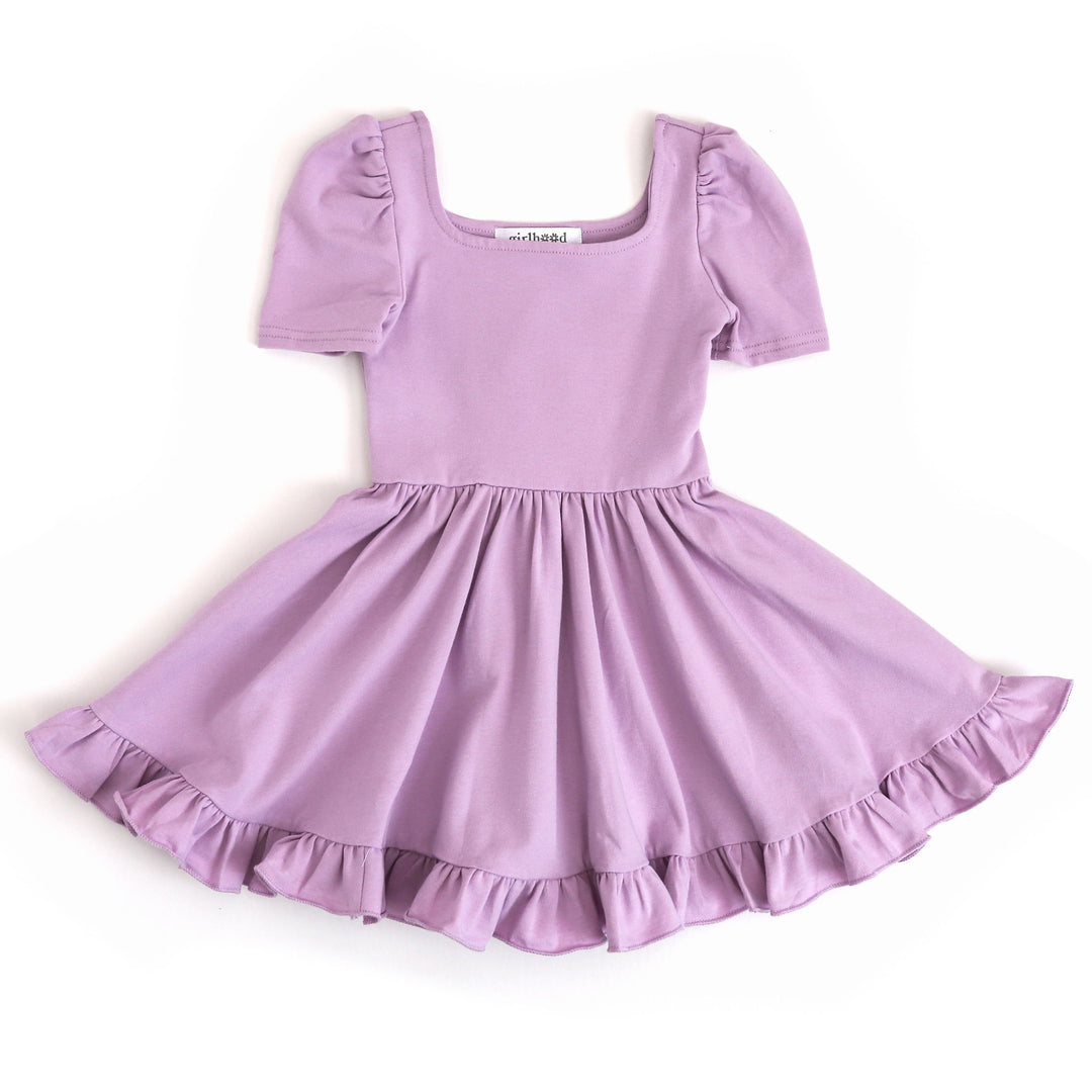 girls square neck cotton twirl dress in lavender for Valentine's Day coordinate and spring