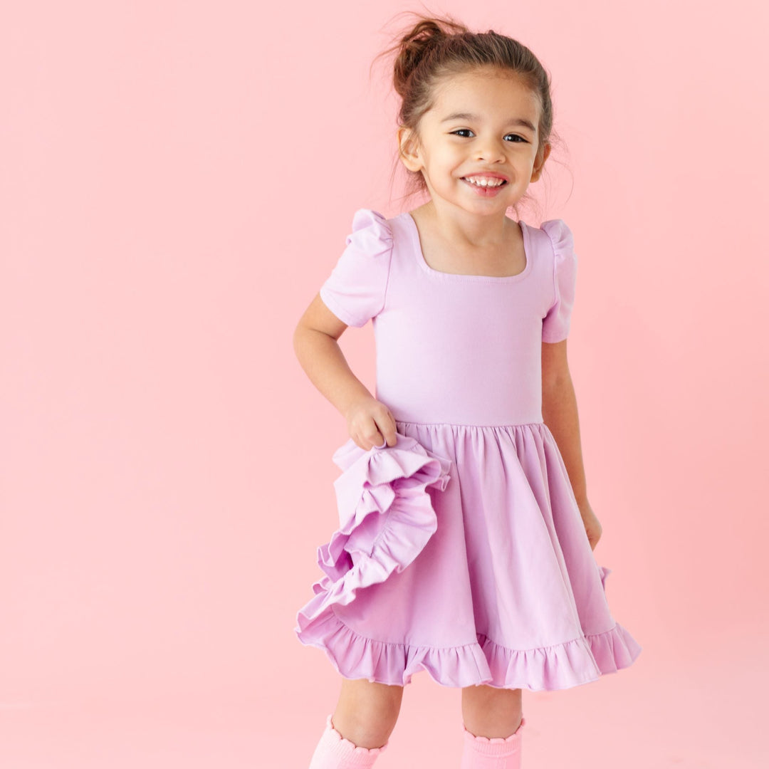 girls lavender cotton twirl dress and pink scalloped knee-high socks for Valentine's day