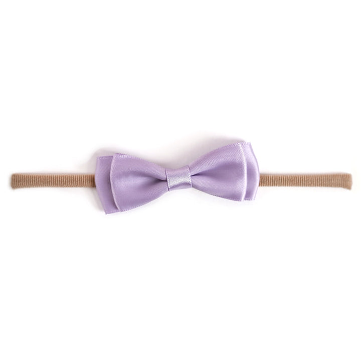 baby girls lavender satin bow on nylon headband to match Valentine's Day outfits