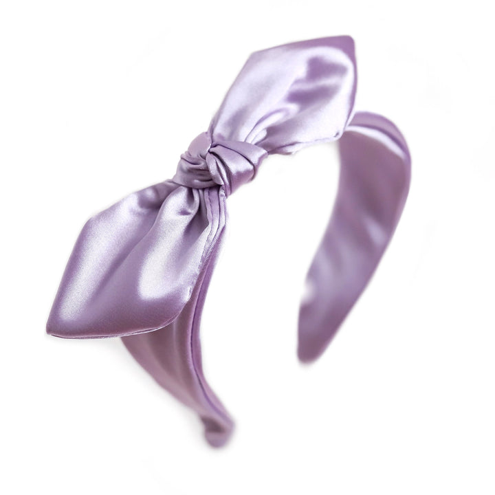 girls light purple satin headband with knotted bow on top