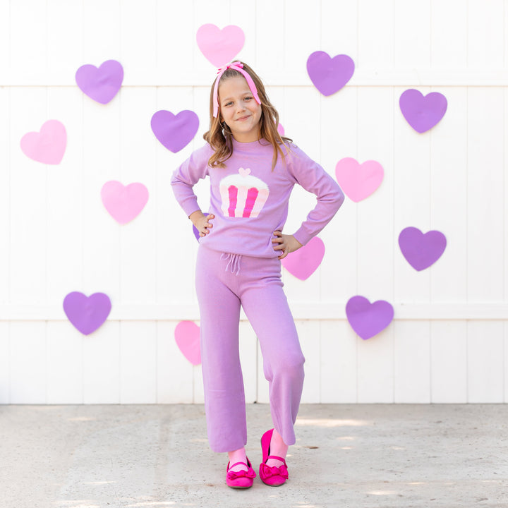 girls matching purple sweater set with cupcake print for birthday theme and Valentine's Day