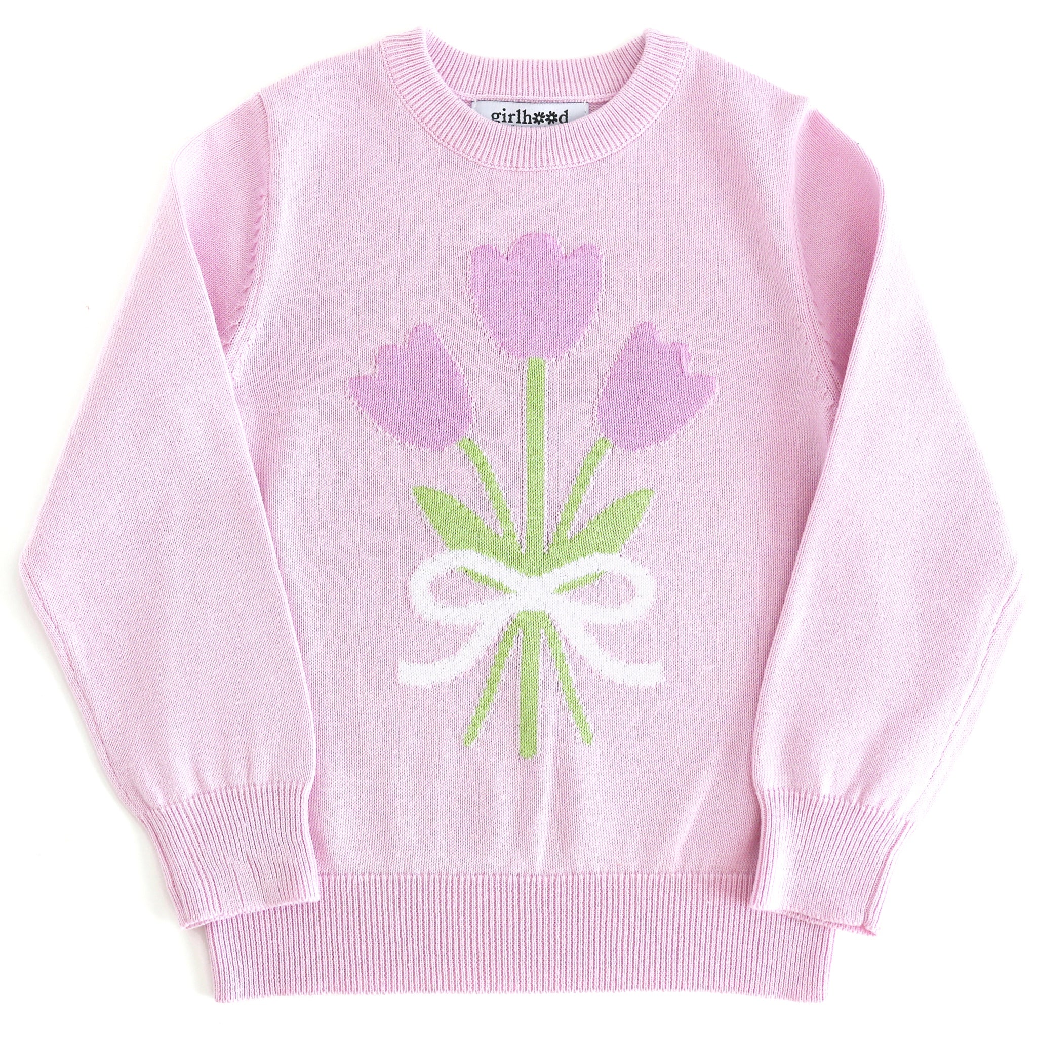 girls' light purple cotton knit pullover style sweater designed with bouquet of lavender tulips tied with a white ribbon